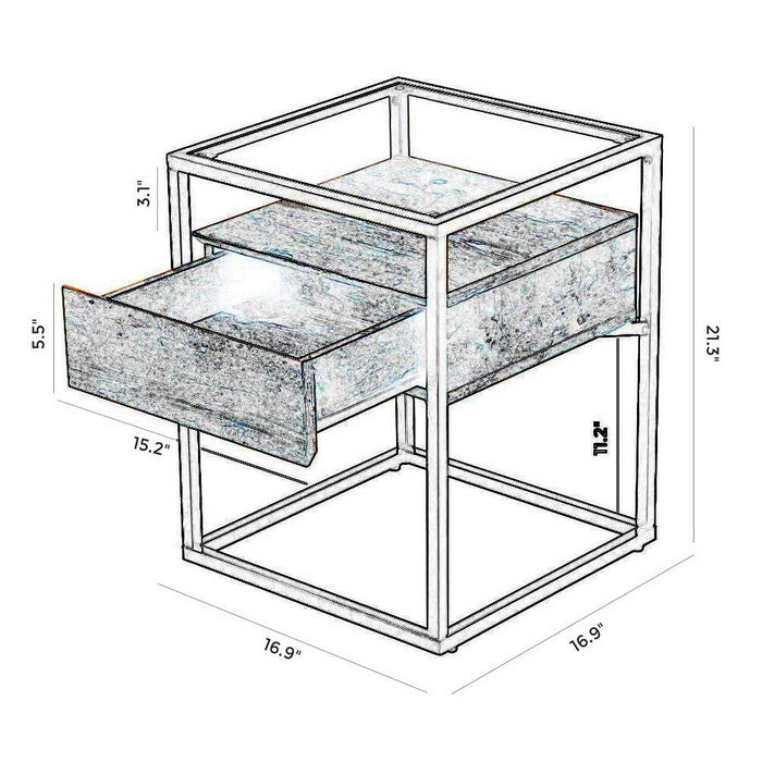 Iron Framed Side Table with Tempered Glass Top and Wooden Drawer, Brown and Black