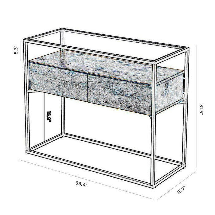 Iron Framed Console Table with Tempered Glass Top and Wooden Storage, Brown and Black