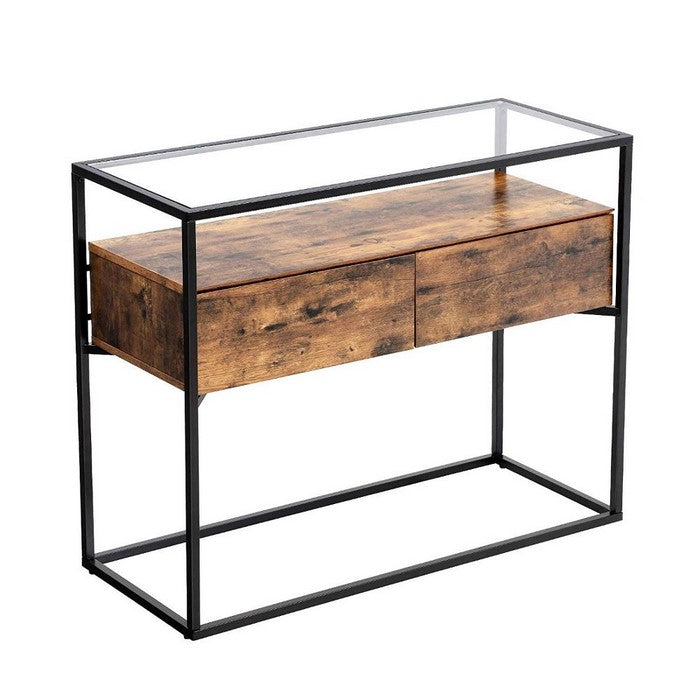 Iron Framed Console Table with Tempered Glass Top and Wooden Storage, Brown and Black