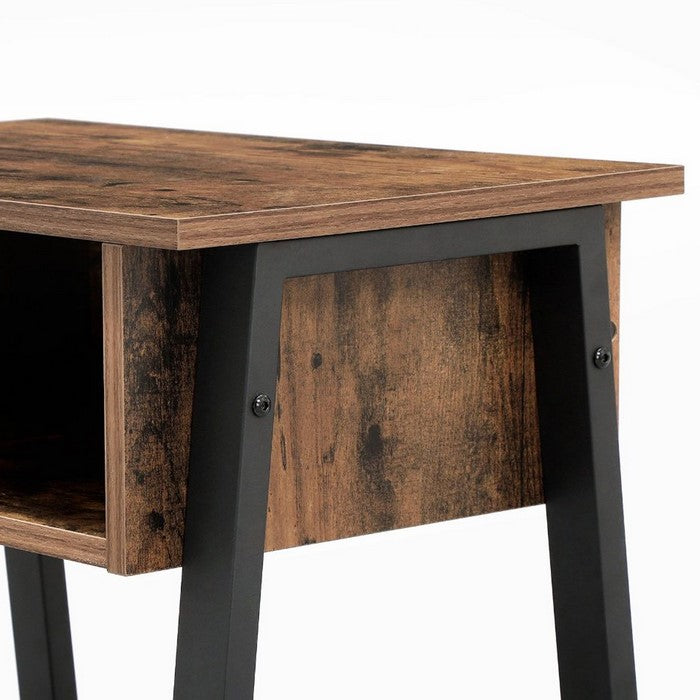 Industrial Style Wooden Nightstand with Metal Framework and Mesh Bottom Shelf, Brown and Black