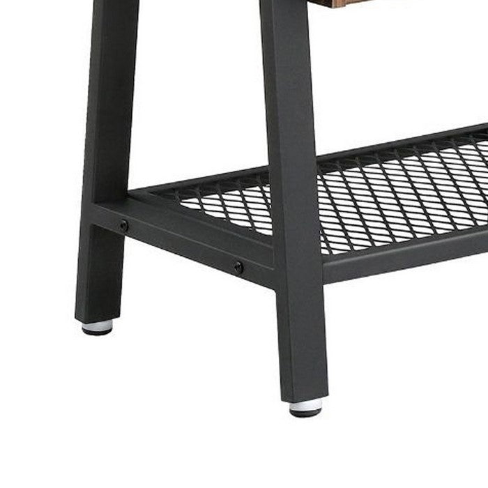 Industrial Style Wooden Nightstand with Metal Framework and Mesh Bottom Shelf, Brown and Black