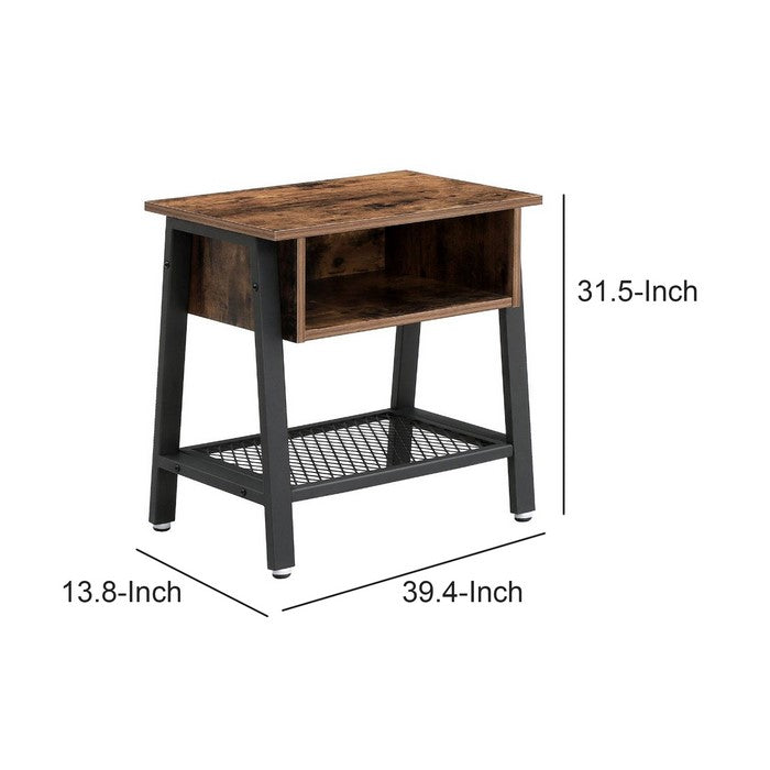 Industrial Style Wooden Nightstand with Metal Framework and Mesh Bottom Shelf, Brown and Black