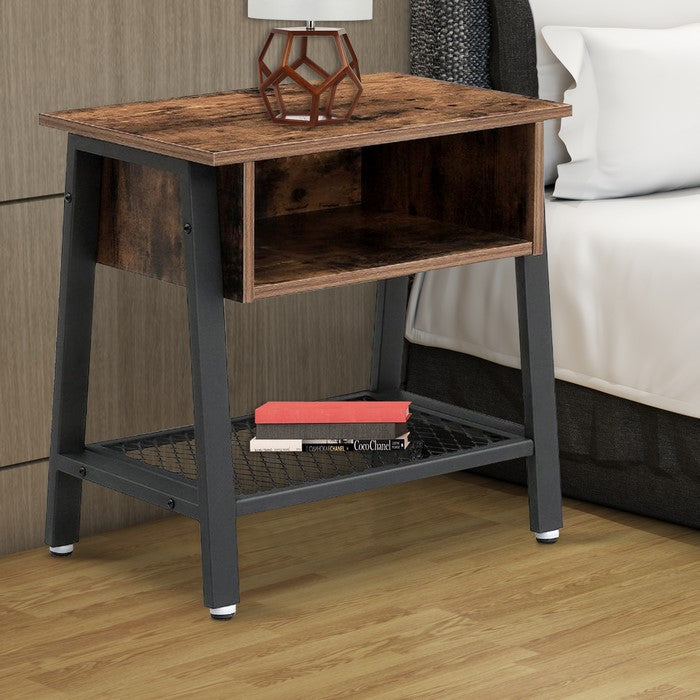 Industrial Style Wooden Nightstand with Metal Framework and Mesh Bottom Shelf, Brown and Black