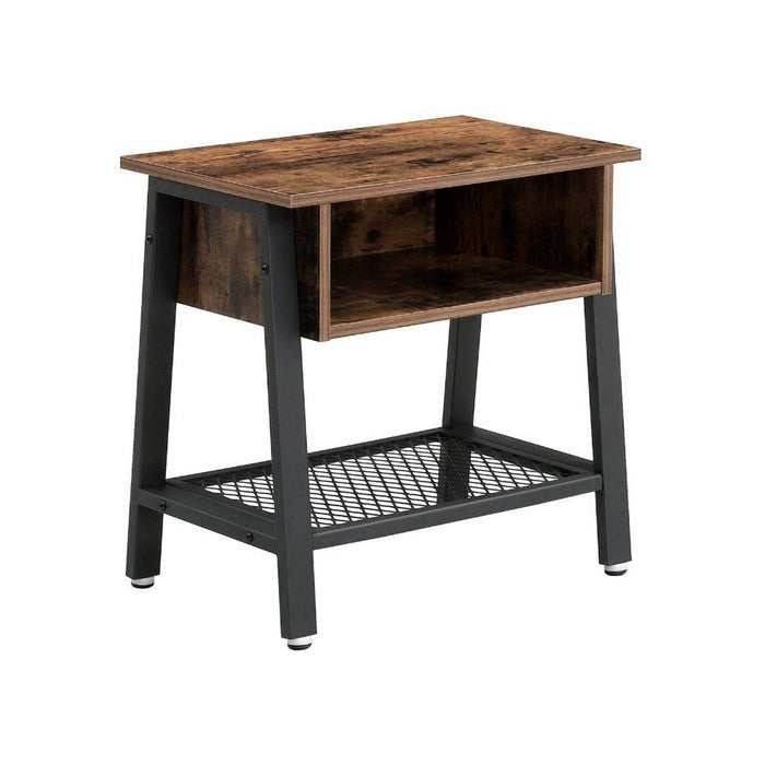 Industrial Style Wooden Nightstand with Metal Framework and Mesh Bottom Shelf, Brown and Black