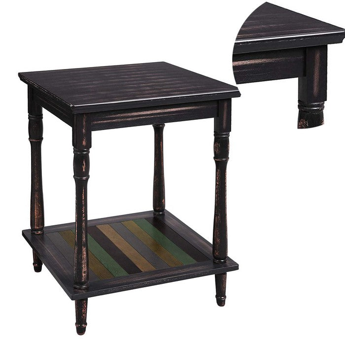 Uniquely Designed Wooden Side Table with Plank Style Bottom Shelf and Turned Legs, Brown