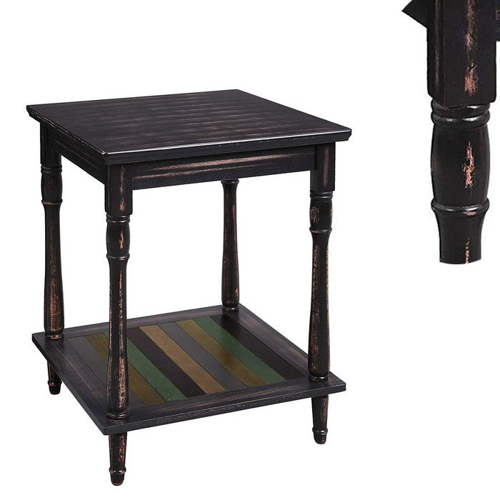Uniquely Designed Wooden Side Table with Plank Style Bottom Shelf and Turned Legs, Brown