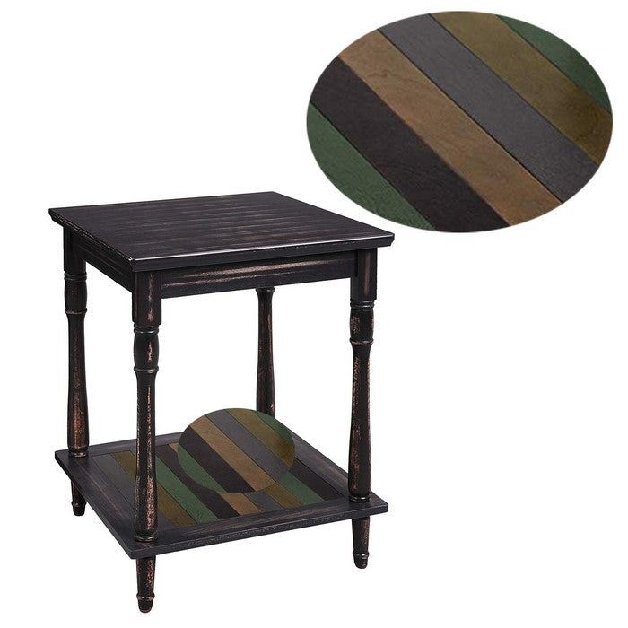 Uniquely Designed Wooden Side Table with Plank Style Bottom Shelf and Turned Legs, Brown