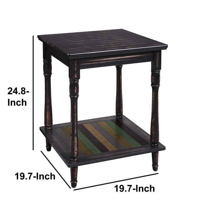 Uniquely Designed Wooden Side Table with Plank Style Bottom Shelf and Turned Legs, Brown