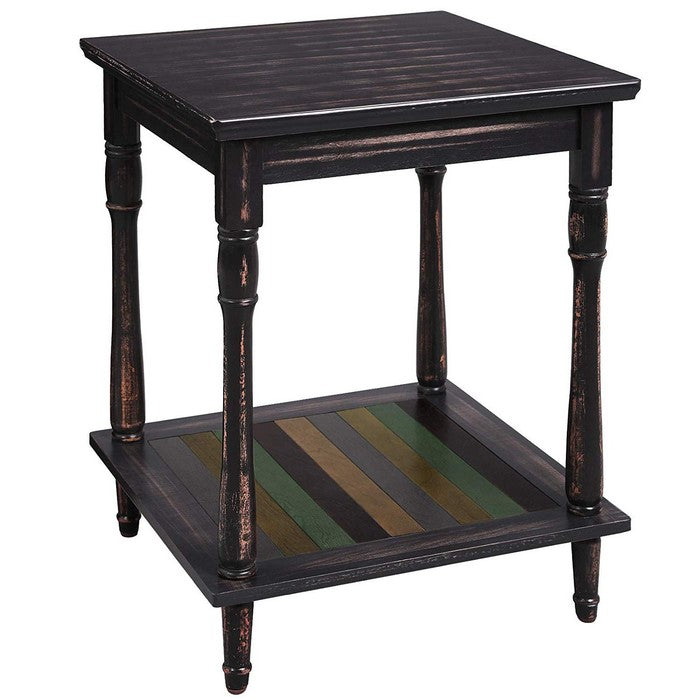 Uniquely Designed Wooden Side Table with Plank Style Bottom Shelf and Turned Legs, Brown