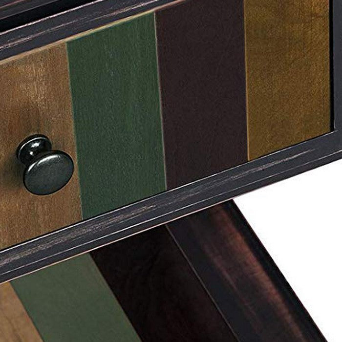 Uniquely Designed Wooden Side Table with Plank Style Bottom Shelf and Drawer, Brown