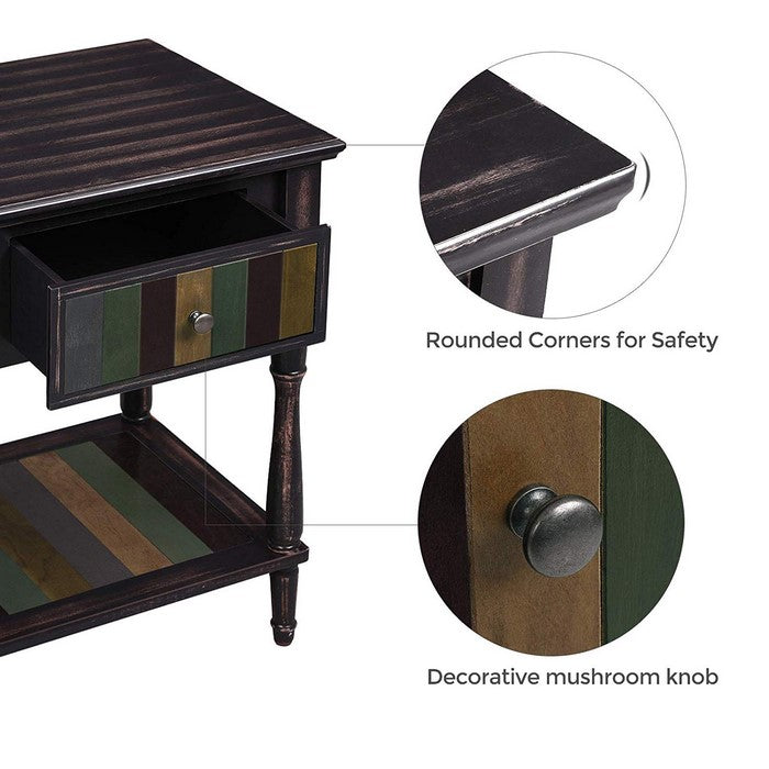 Uniquely Designed Wooden Side Table with Plank Style Bottom Shelf and Drawer, Brown