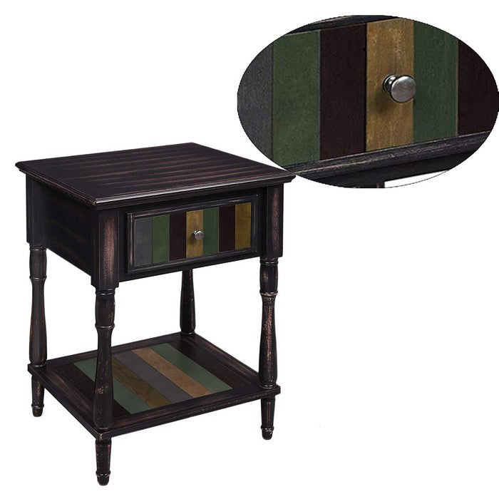 Uniquely Designed Wooden Side Table with Plank Style Bottom Shelf and Drawer, Brown