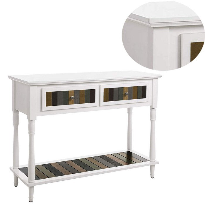 Stylish Wooden Console Table with Two Drawers and Plank Style Shelf, White