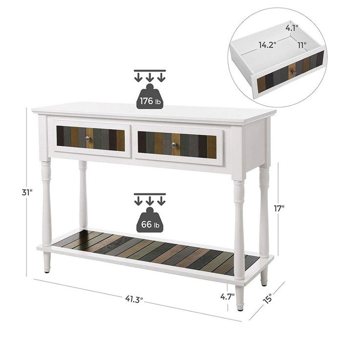 Stylish Wooden Console Table with Two Drawers and Plank Style Shelf, White