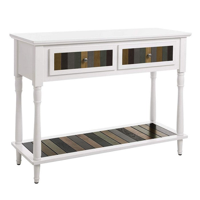 Stylish Wooden Console Table with Two Drawers and Plank Style Shelf, White