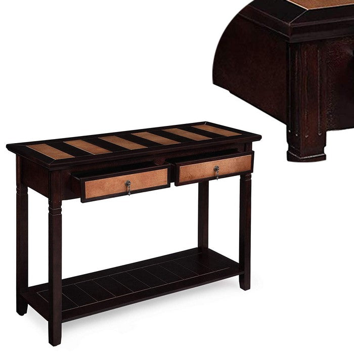 Transitional Style Wooden Console Table with Two Drawers and Storage Shelf, Brown