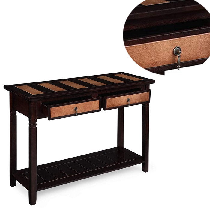 Transitional Style Wooden Console Table with Two Drawers and Storage Shelf, Brown