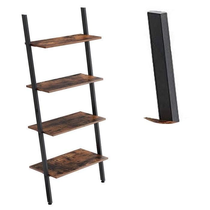 Rustic Ladder Style Iron Bookcase with Four Wooden Shelves, Brown and Black