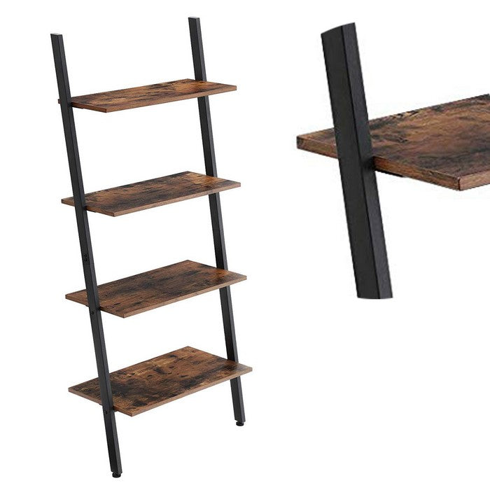 Rustic Ladder Style Iron Bookcase with Four Wooden Shelves, Brown and Black