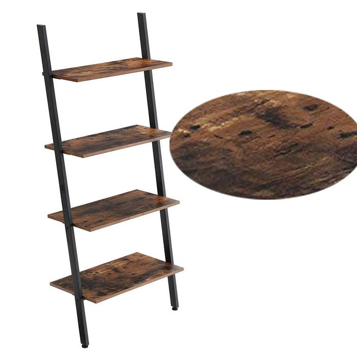 Rustic Ladder Style Iron Bookcase with Four Wooden Shelves, Brown and Black