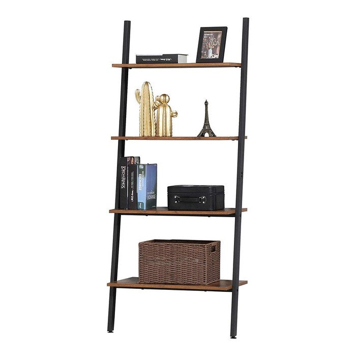 Rustic Ladder Style Iron Bookcase with Four Wooden Shelves, Brown and Black