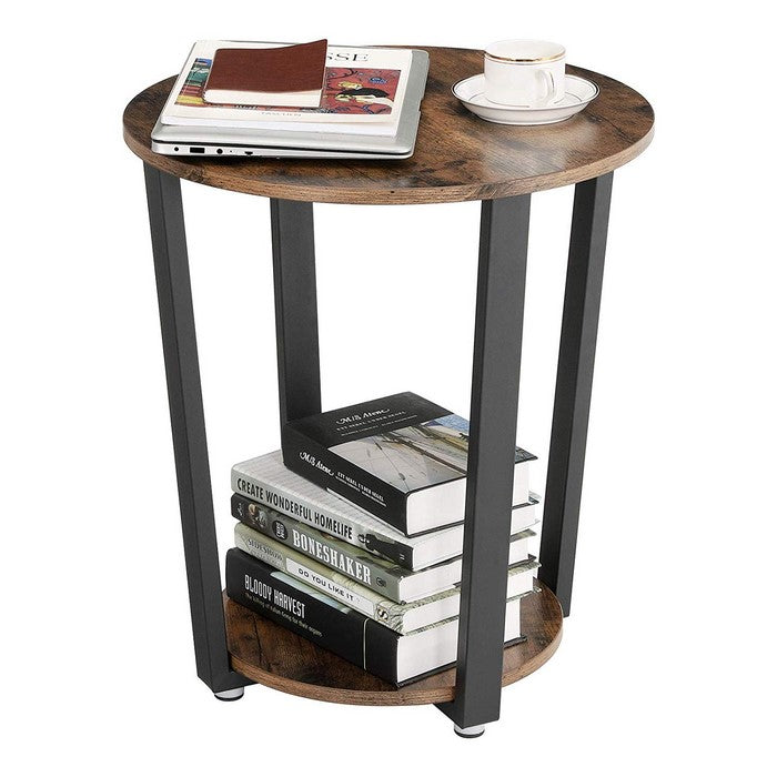 Stylish Iron and Wood End Table with Open Bottom Storage Shelf, Brown and Black