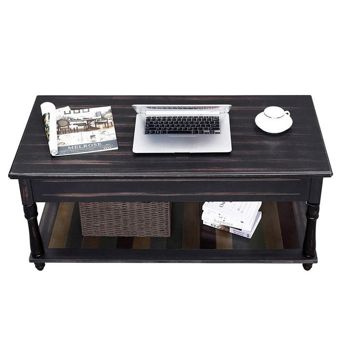 Stylish Wooden Coffee Table with Hidden Lift Up Storage and Lower Shelf, Brown