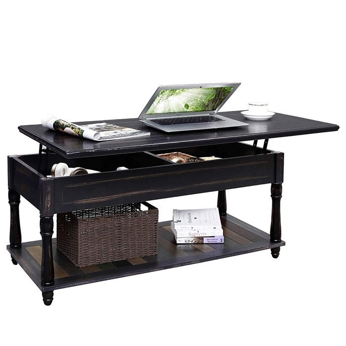 Stylish Wooden Coffee Table with Hidden Lift Up Storage and Lower Shelf, Brown