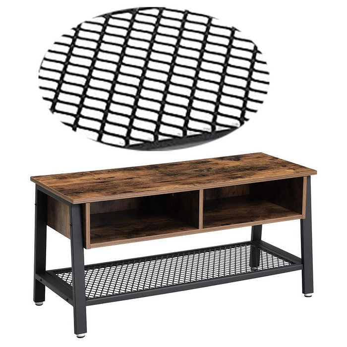 Wooden TV Stand with Two Open Storage Cabinets and Bottom Shelf, Brown and Black