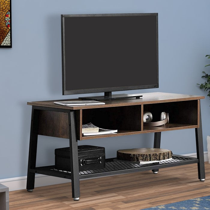 Wooden TV Stand with Two Open Storage Cabinets and Bottom Shelf, Brown and Black