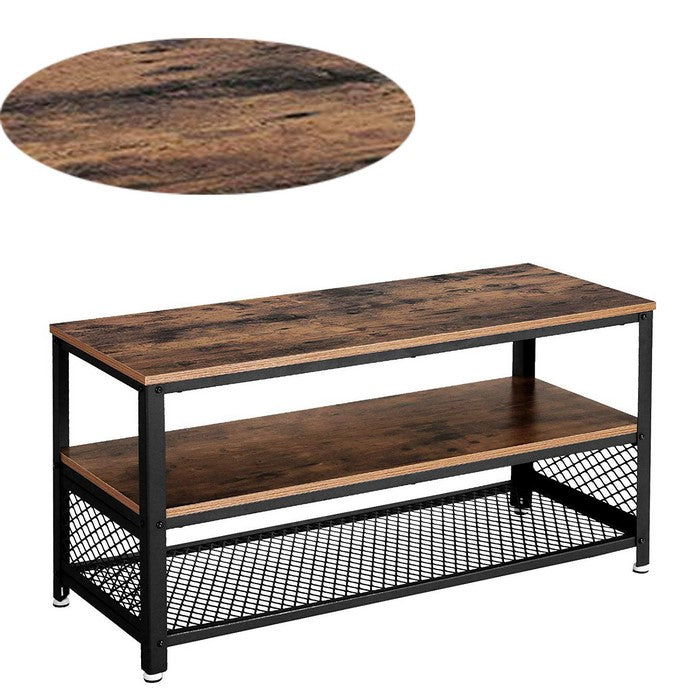 Wooden TV Stand with Two Open Spacious Shelves, Brown and Black