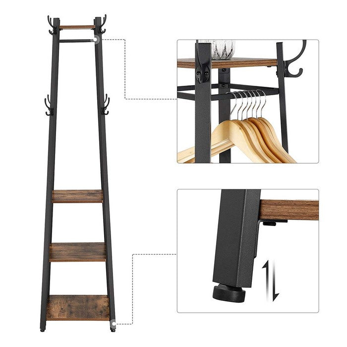 Metal Framed Ladder Style Coat Rack with Three Wooden Shelves, Brown and Black