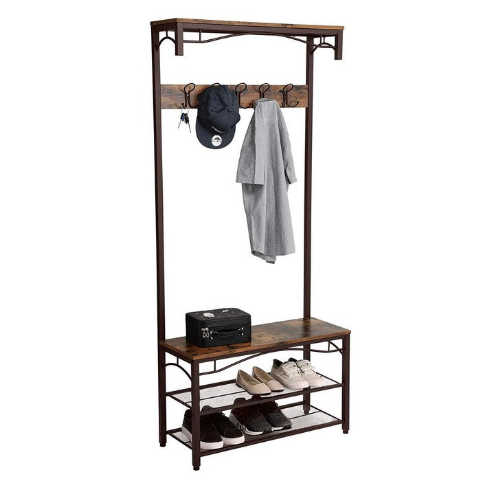 Wood and Metal Frame Hall Tree with 5 Dual Hooks, Rustic Brown and Black