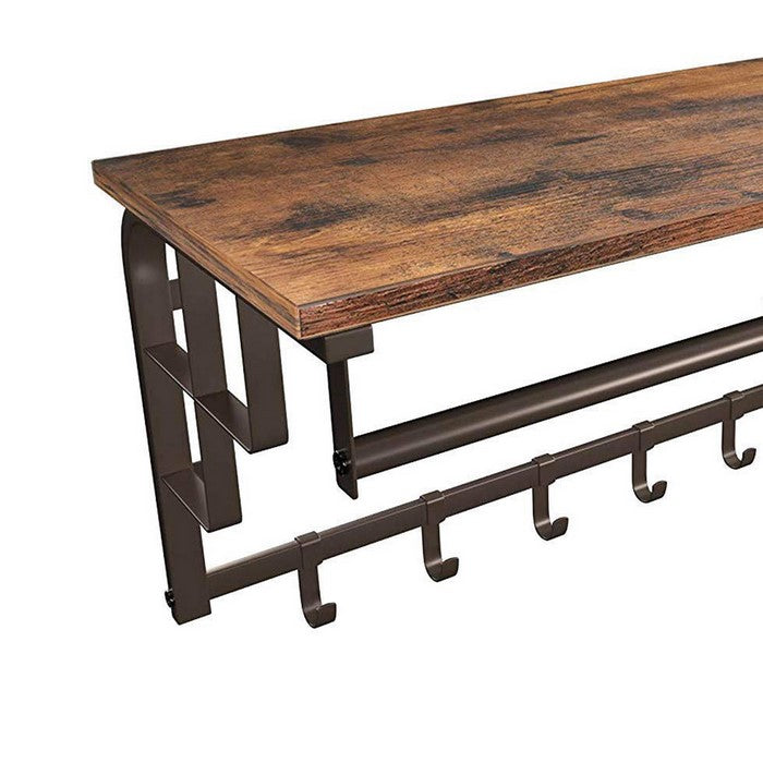 Wood and Metal Frame Coat Rack with 5 Removable Hooks, Brown and Black