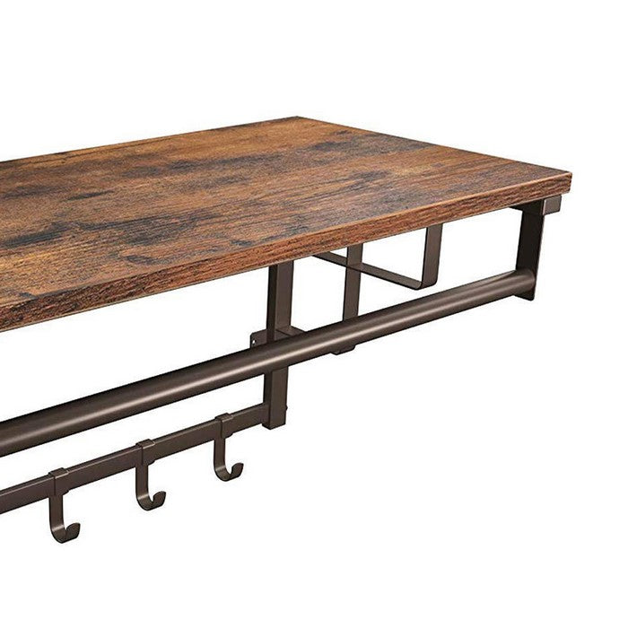 Wood and Metal Frame Coat Rack with 5 Removable Hooks, Brown and Black