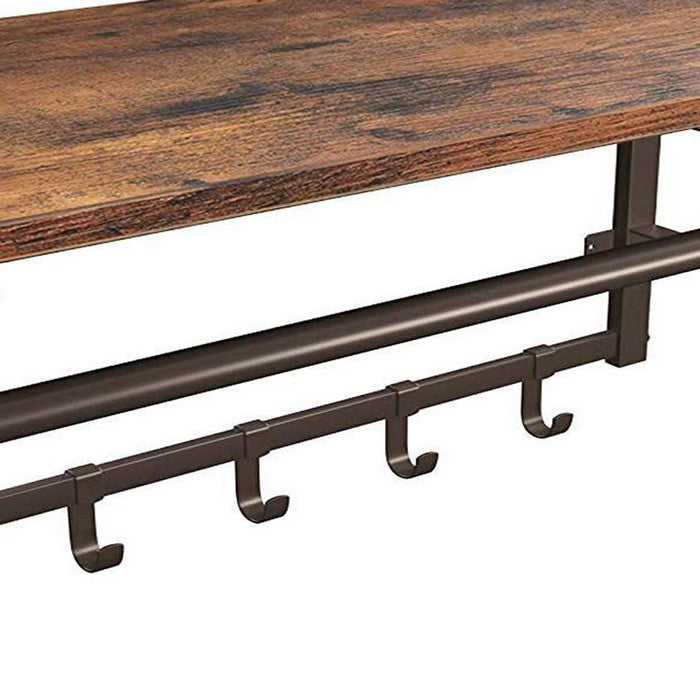 Wood and Metal Frame Coat Rack with 5 Removable Hooks, Brown and Black