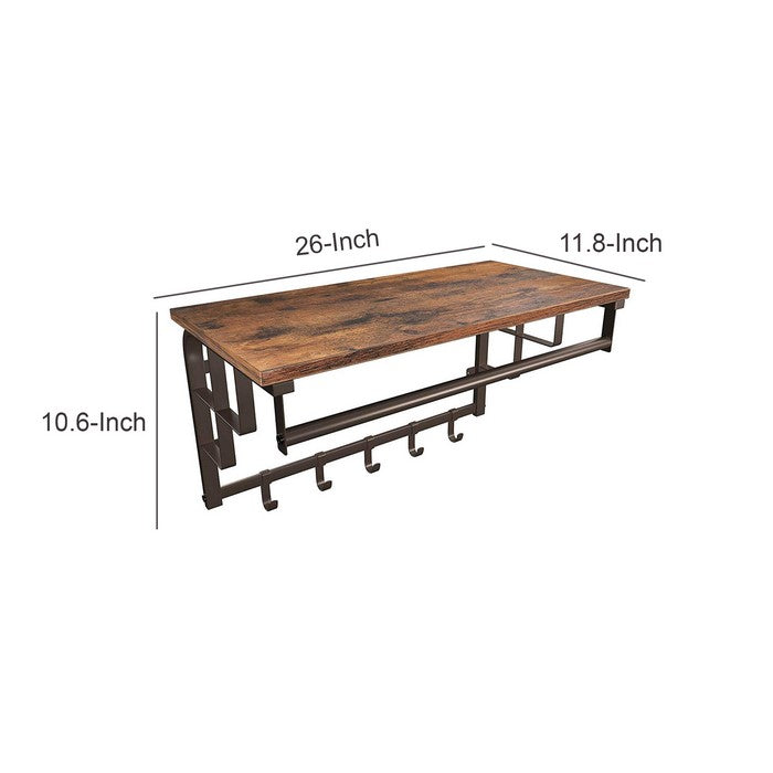 Wood and Metal Frame Coat Rack with 5 Removable Hooks, Brown and Black