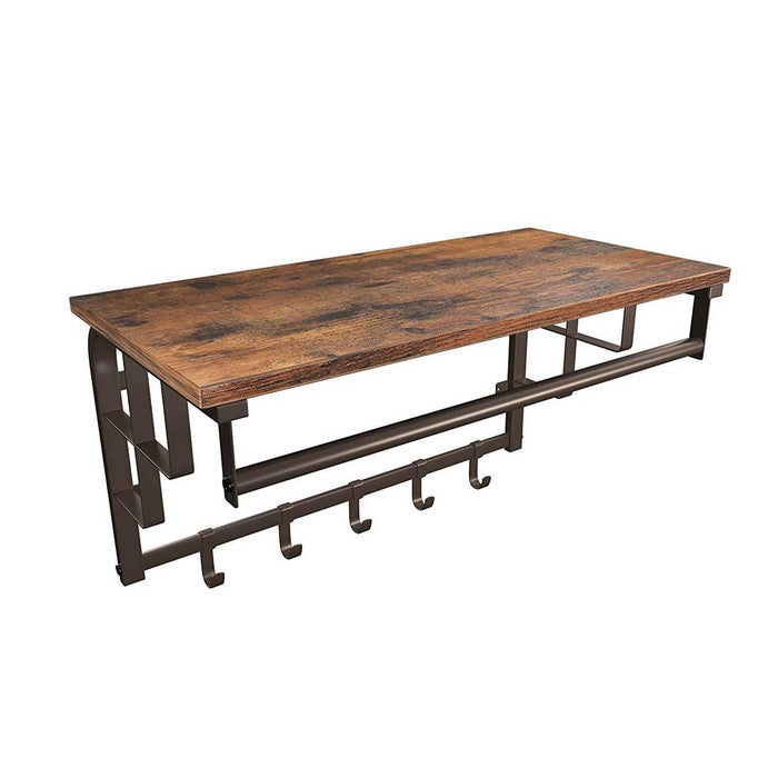 Wood and Metal Frame Coat Rack with 5 Removable Hooks, Brown and Black
