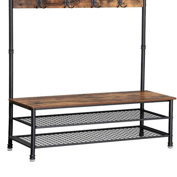 Metal Coat Rack with Wooden Bench and Two Wire Meshed Shelves, Brown and Black