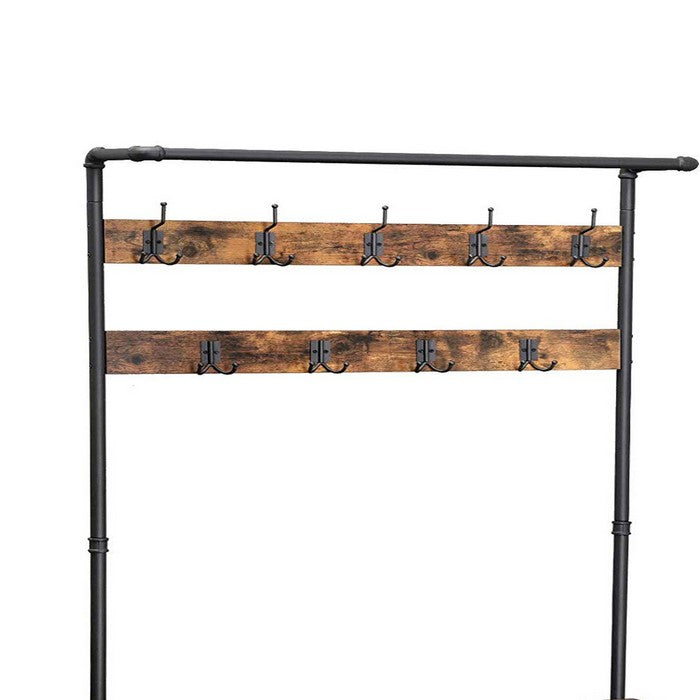 Metal Coat Rack with Wooden Bench and Two Wire Meshed Shelves, Brown and Black