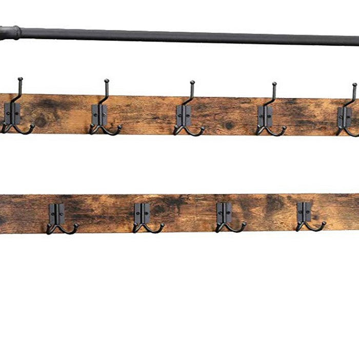 Metal Coat Rack with Wooden Bench and Two Wire Meshed Shelves, Brown and Black
