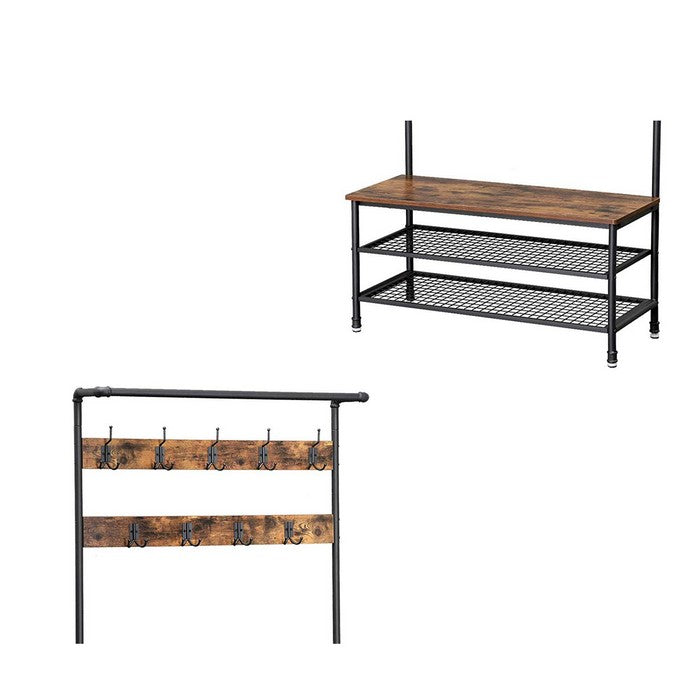 Metal Coat Rack with Wooden Bench and Two Wire Meshed Shelves, Brown and Black