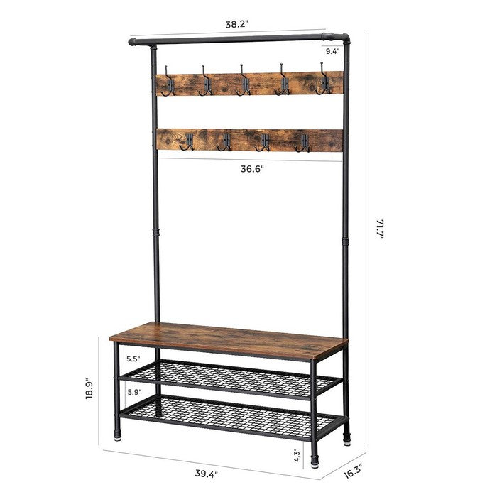 Metal Coat Rack with Wooden Bench and Two Wire Meshed Shelves, Brown and Black