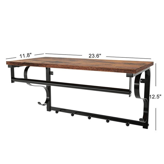 Iron Framed Wall Mounted Coat Rack with Storage Shelf and Hanging Rail, Brown and Black