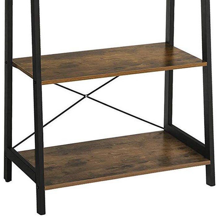 Iron Framed Coat Rack with Two Storage Shelves and Hanging Rail, Brown and Black