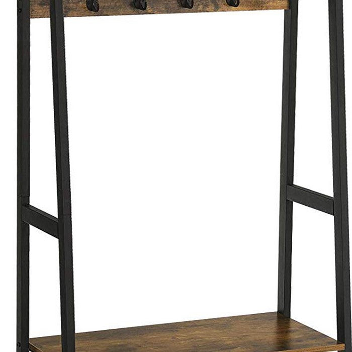 Iron Framed Coat Rack with Two Storage Shelves and Hanging Rail, Brown and Black