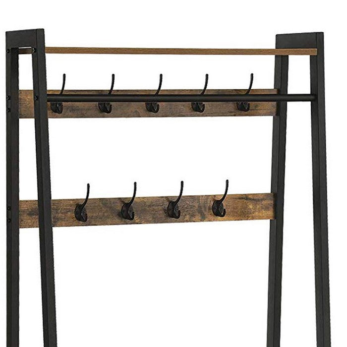 Iron Framed Coat Rack with Two Storage Shelves and Hanging Rail, Brown and Black