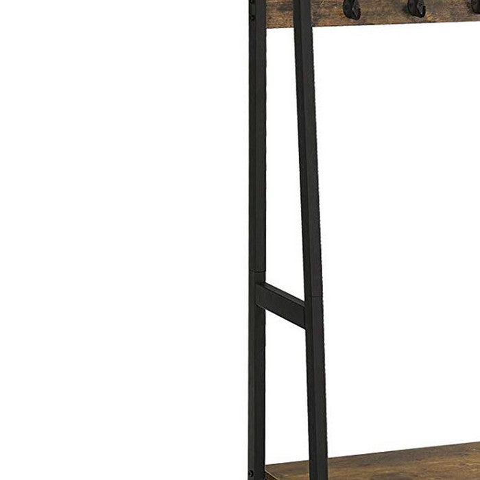 Iron Framed Coat Rack with Two Storage Shelves and Hanging Rail, Brown and Black