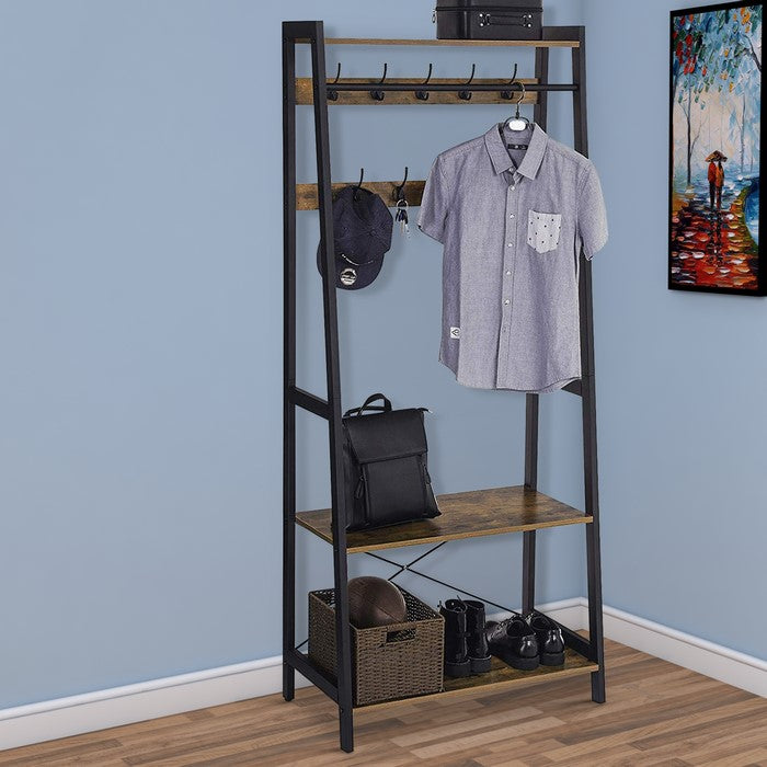 Iron Framed Coat Rack with Two Storage Shelves and Hanging Rail, Brown and Black