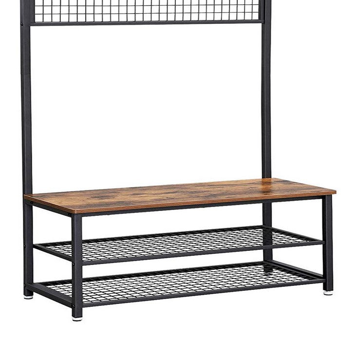 Metal Coat Rack with Wooden Bench, Two Mesh Shelves and Grid Panel, Brown and Black